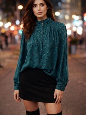 Vintage 70s Inner Visions Ship’n Shore Blouse | Teal Boho High Neck Secretary